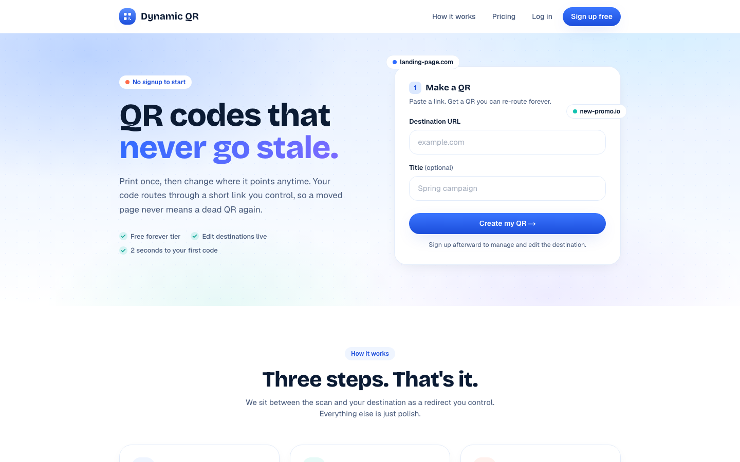 The dynamic qr landing page, with a headline about QR codes that never go stale and a form to create a code.