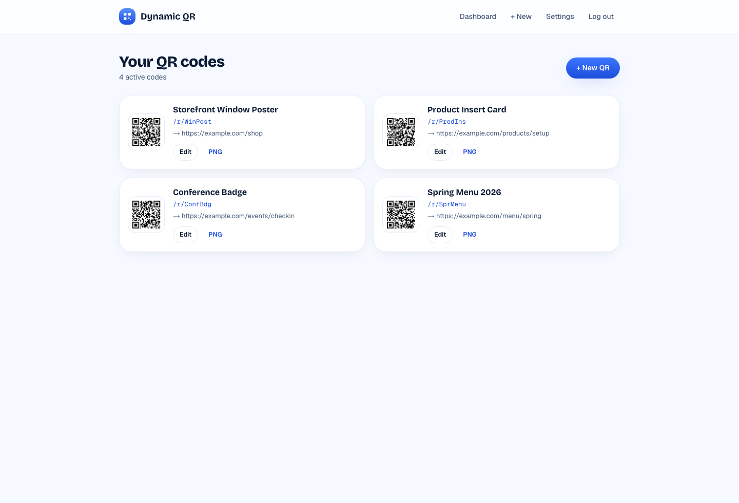 A dashboard listing a user's dynamic QR codes with their short links and destinations.