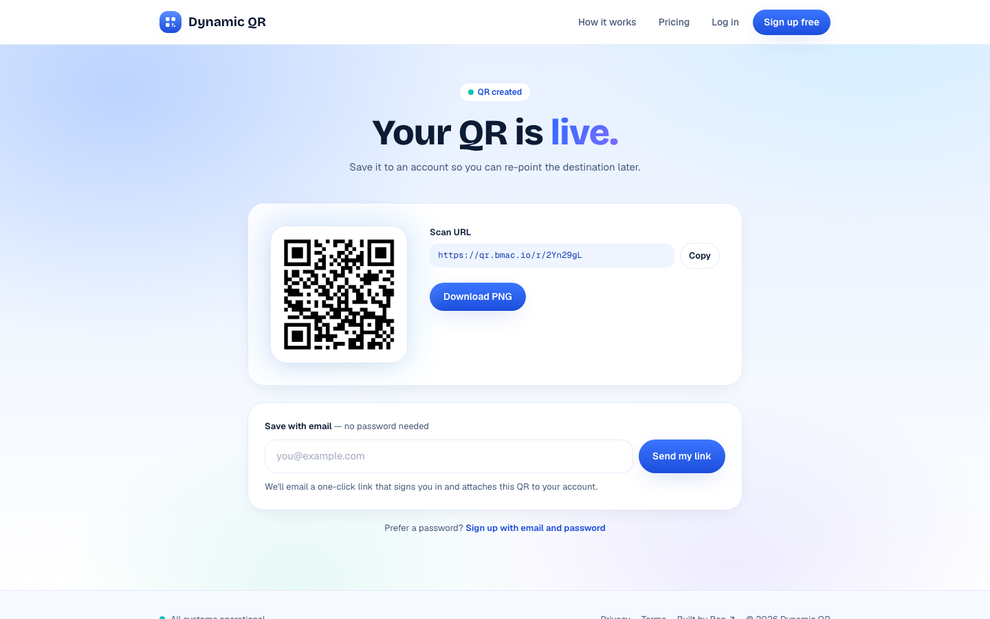 The result screen after creating a QR anonymously, with a scan URL, a PNG download, and an option to save it by email.