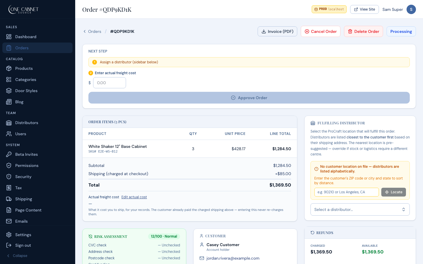 Admin order detail with freight, approval flow, and refunds.