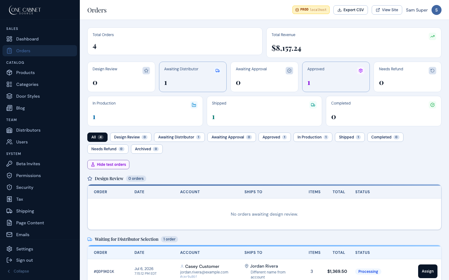 Admin order pipeline dashboard.