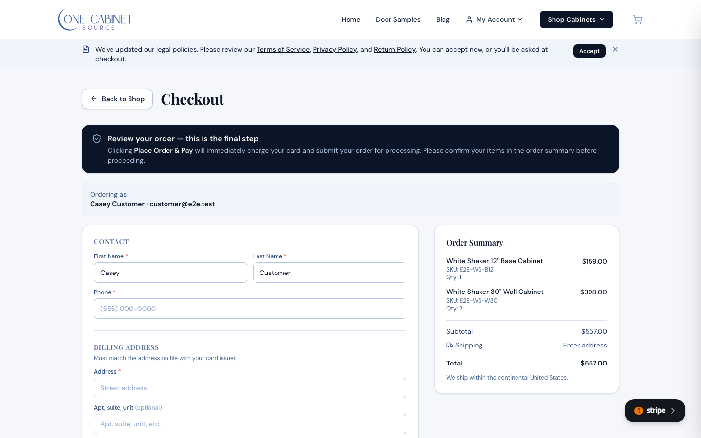 Checkout with itemized subtotal, shipping, and tax.