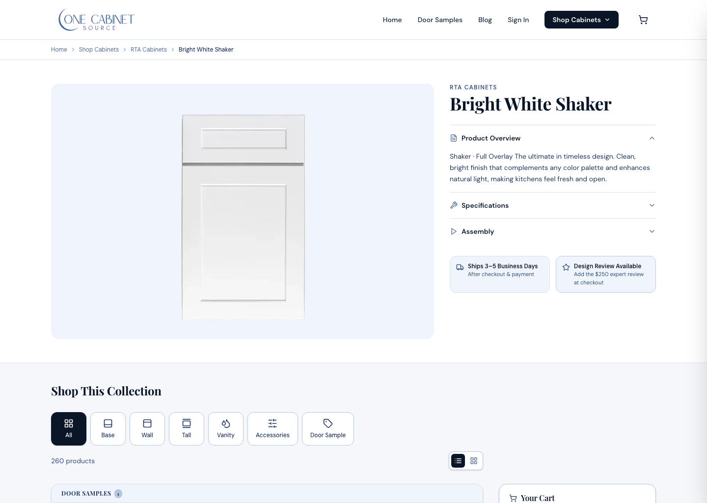 Cabinet style page with variant options, dimensions, and live pricing.