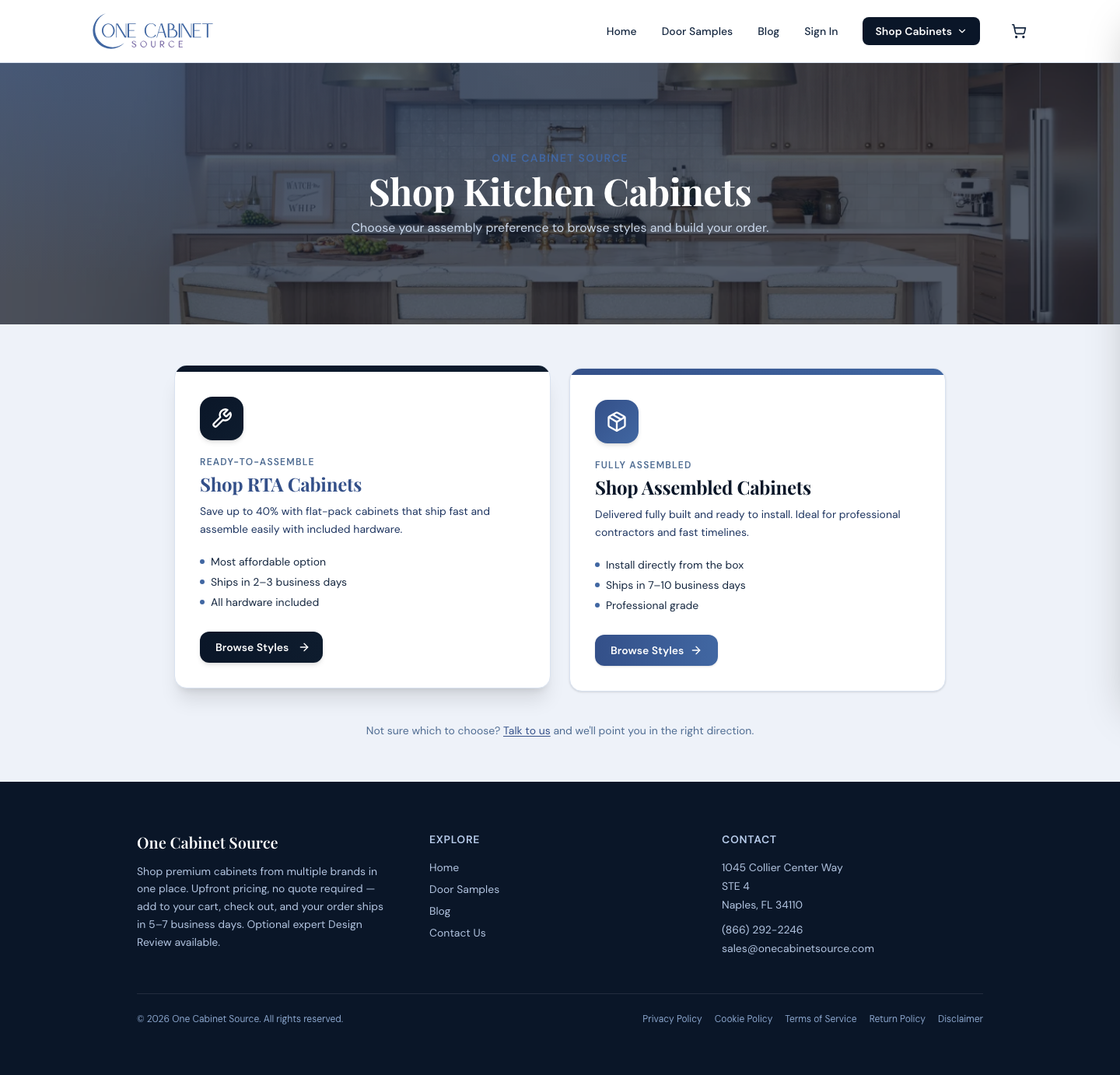 Shop landing with assembly options.