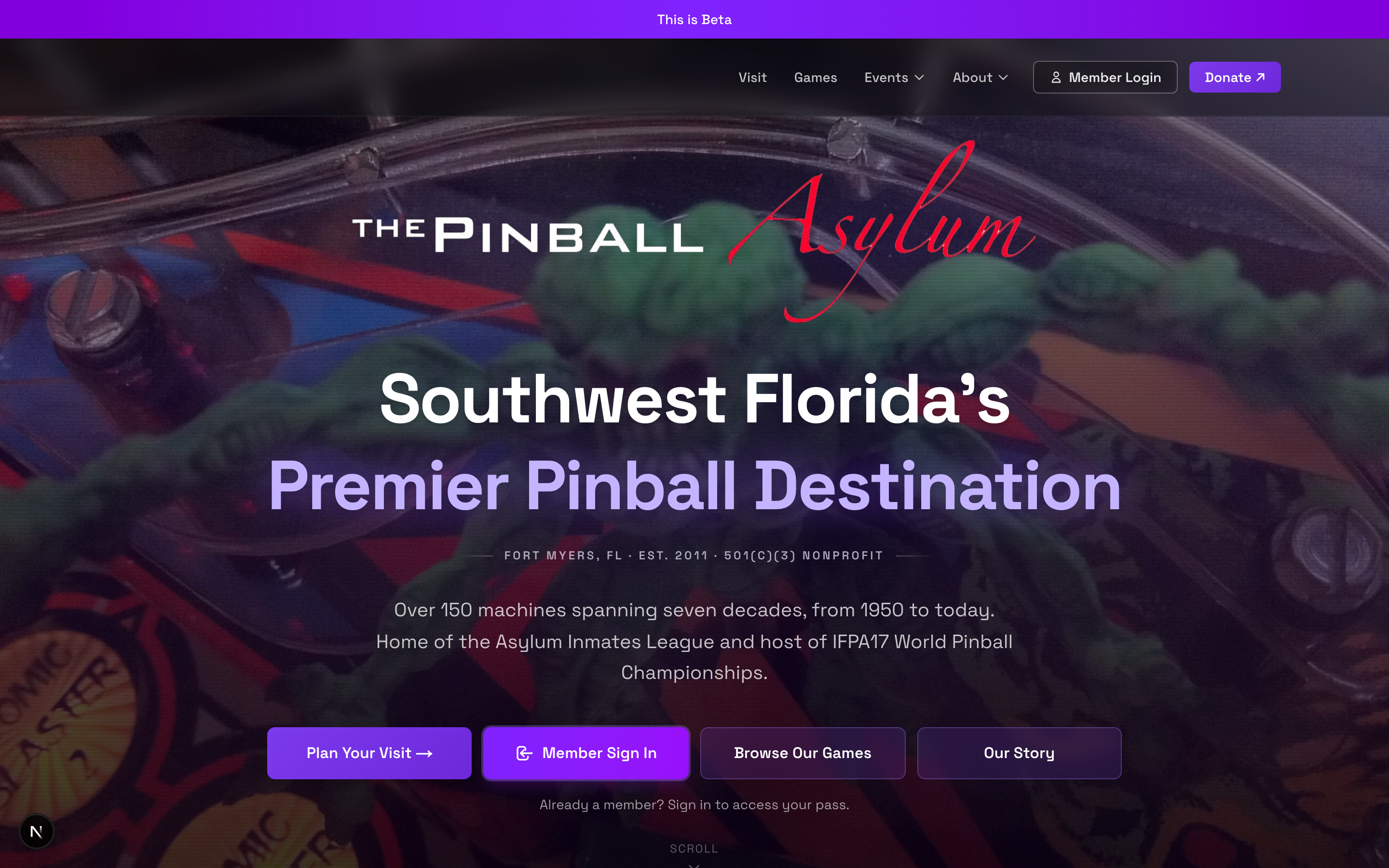 The Pinball Asylum homepage hero over a pinball playfield, with Plan Your Visit and Member Sign In buttons.