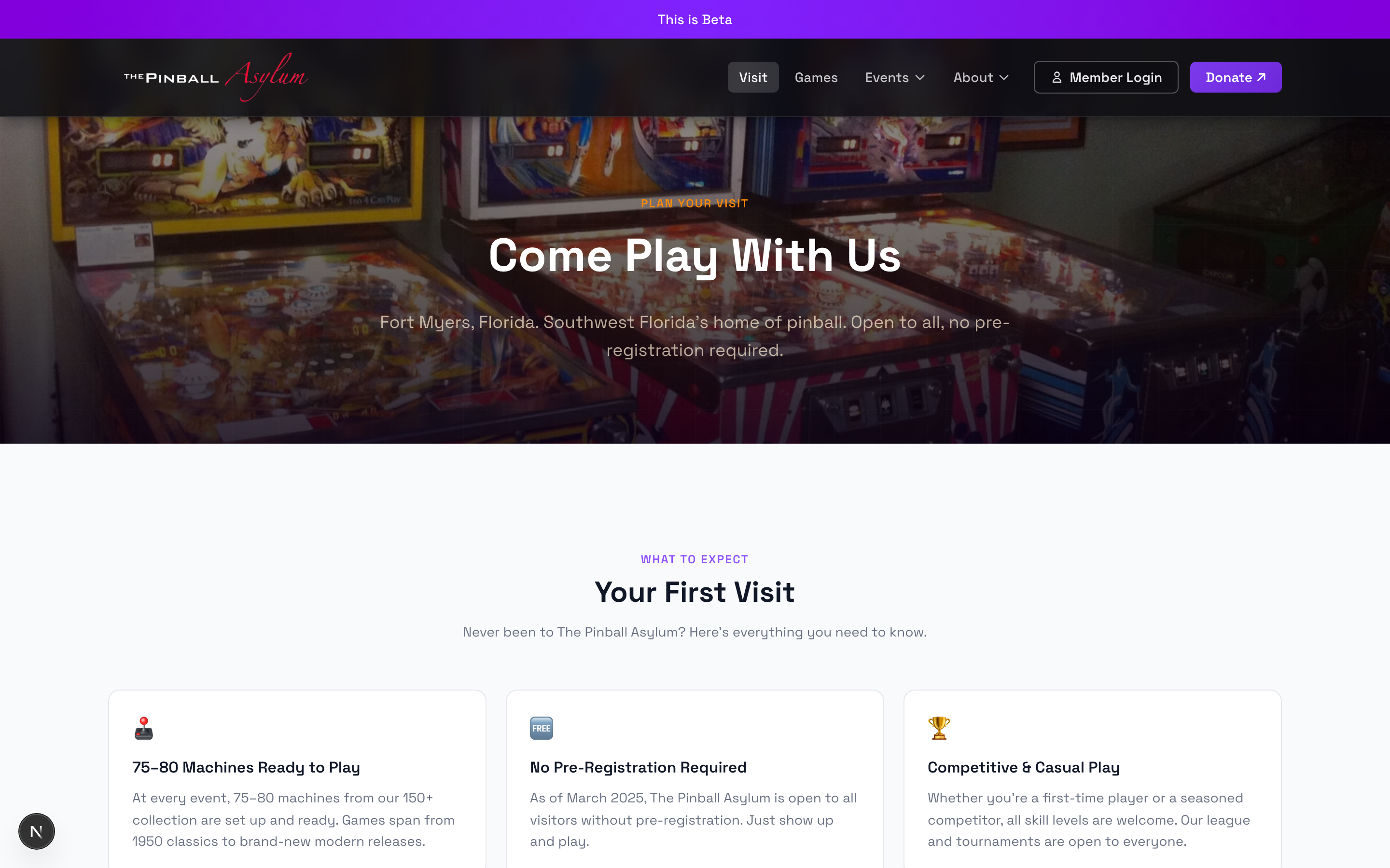 The Pinball Asylum Visit page explaining what to expect on a first visit to the venue.