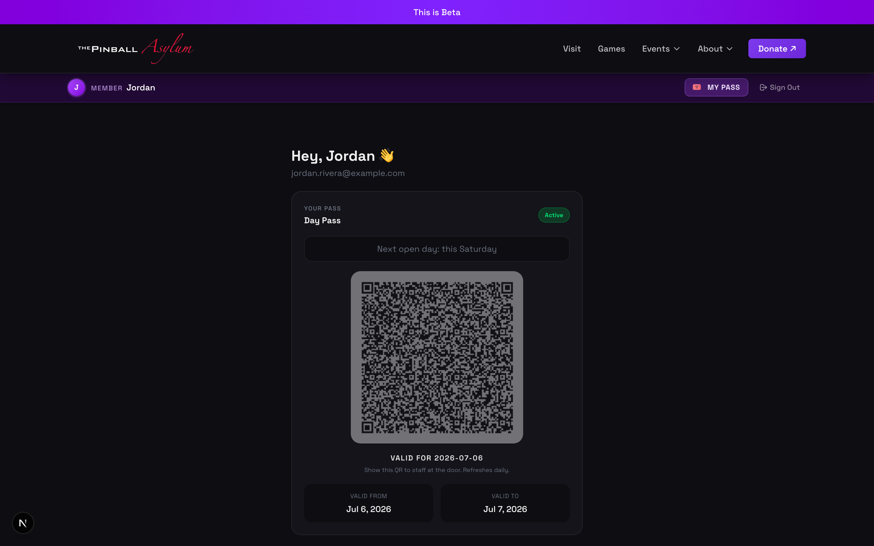 A member account page showing an active day pass and a daily QR code to scan at the door.