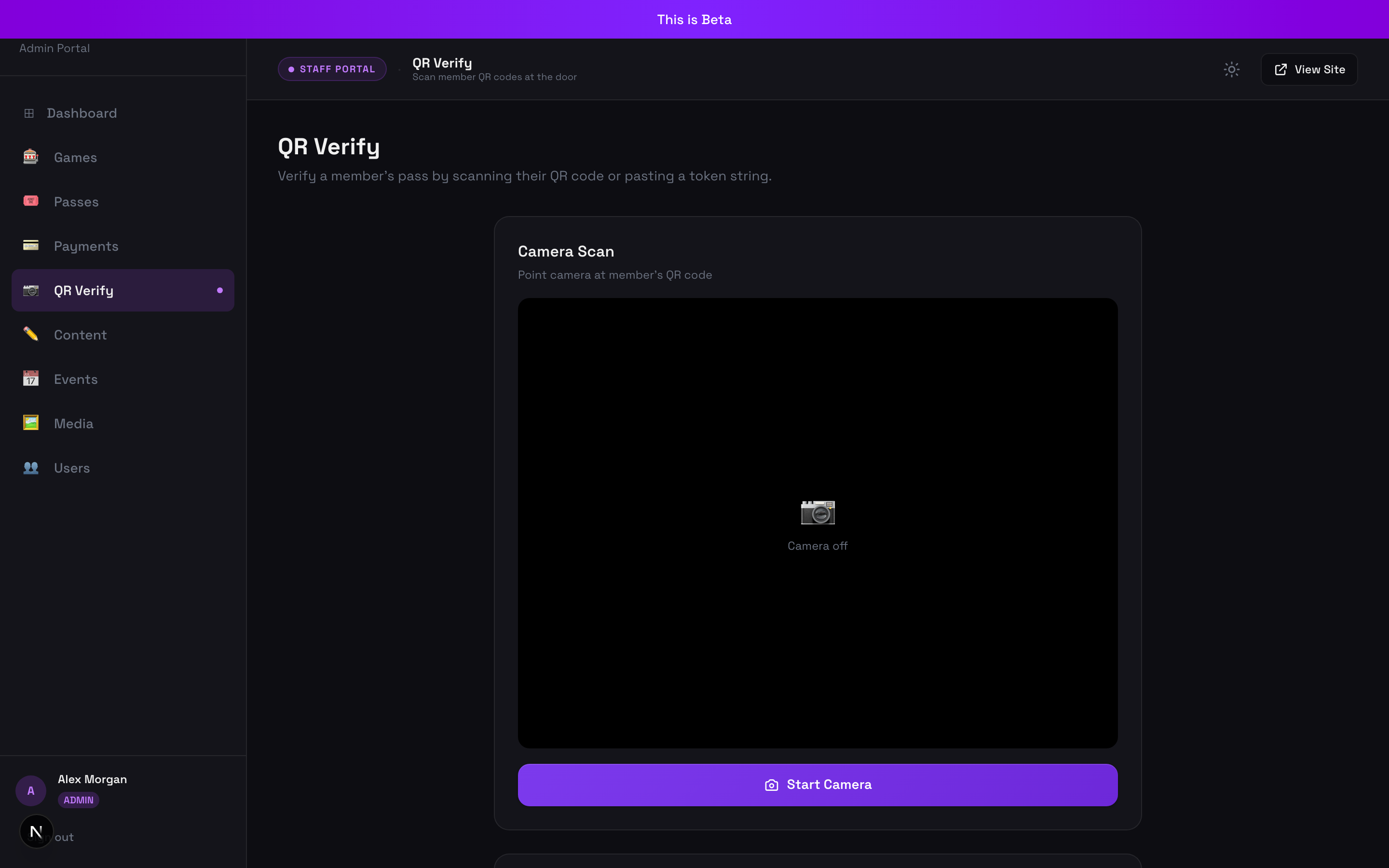 The staff QR Verify page with a camera scan panel and the admin portal navigation.