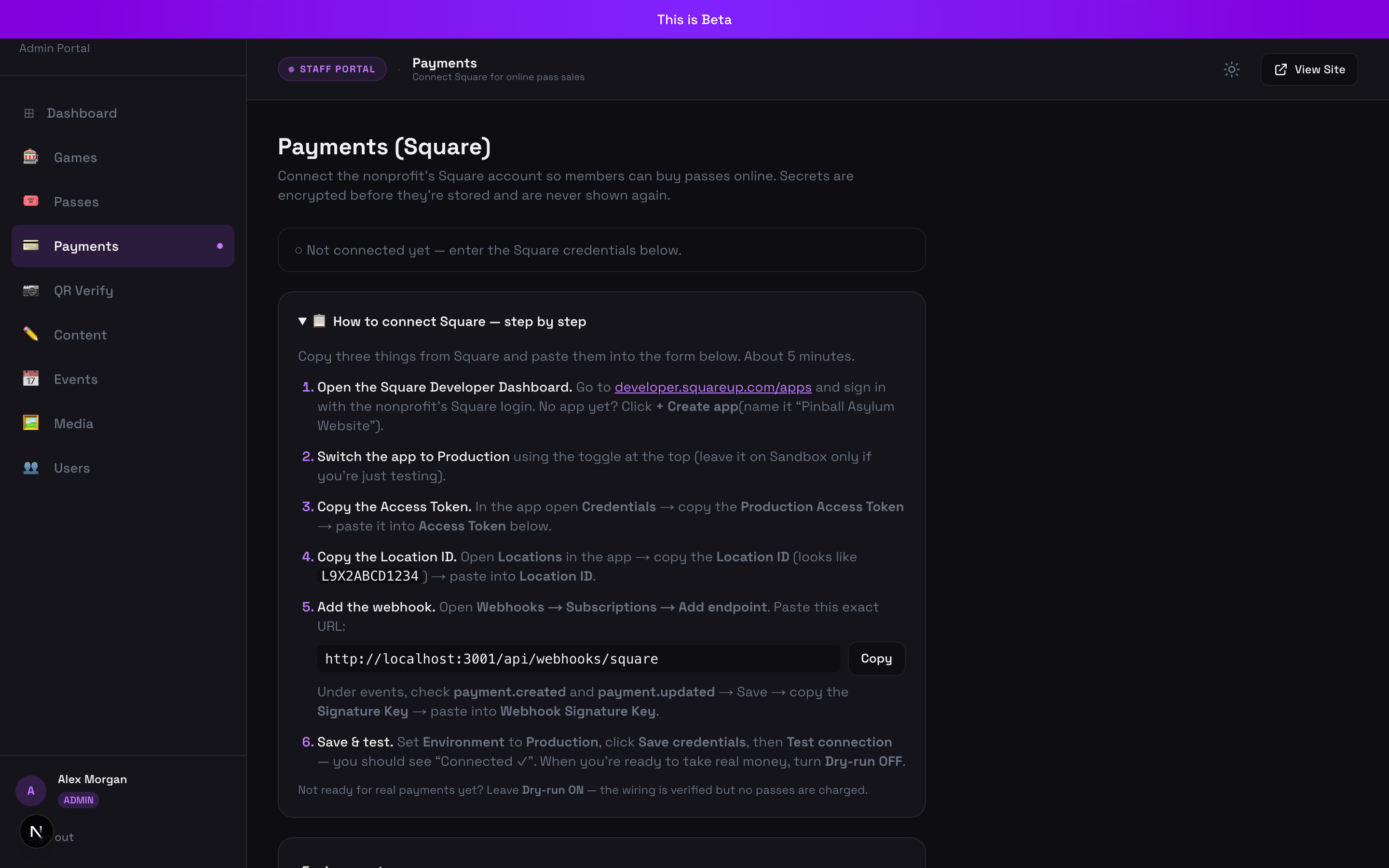 The admin Payments page with a step-by-step guide for a board member to connect Square.