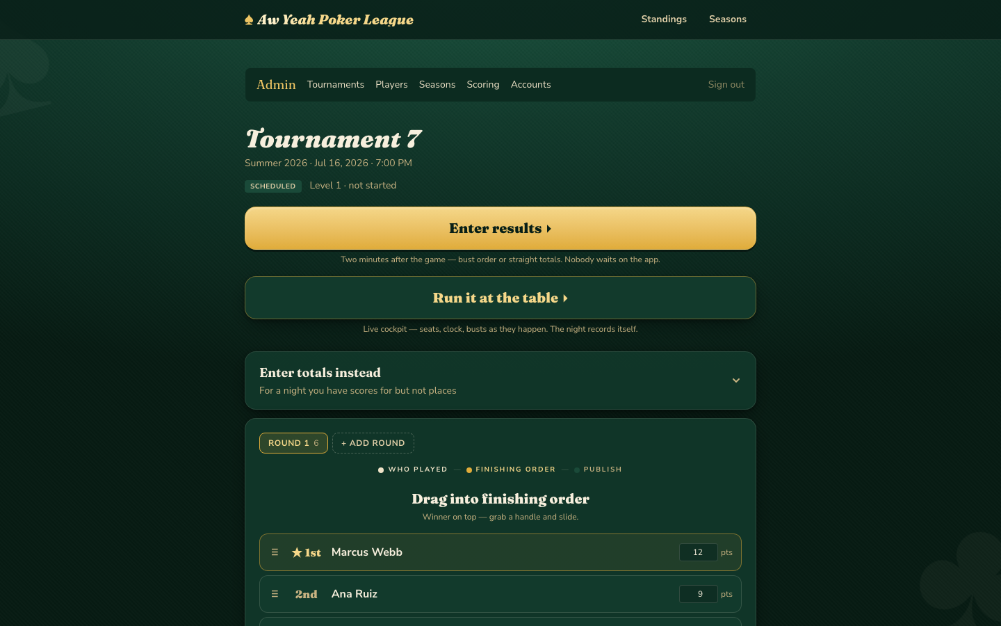 A results entry screen with players being dragged into finishing order and the points each place scores.